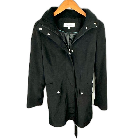 Calvin Klein Black Trenchcoat With Detachable Hood Size Medium - Picture 3 of 16